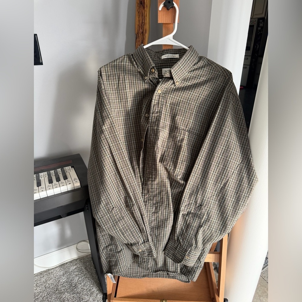 Van Heusen Men's Olive and Brown Plaid Button-Down Shirt